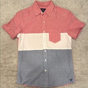 American Eagle Outfitters Red and Cream Casual Button Down Shirt